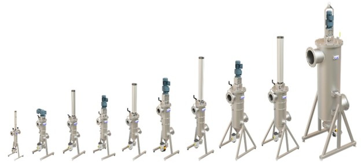 Range of self-cleaning filters with vertical or rotating scraper